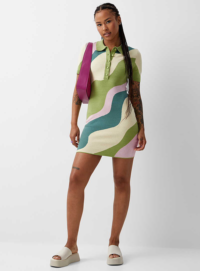 Twik Patterned Green Colourful waves polo dress for women