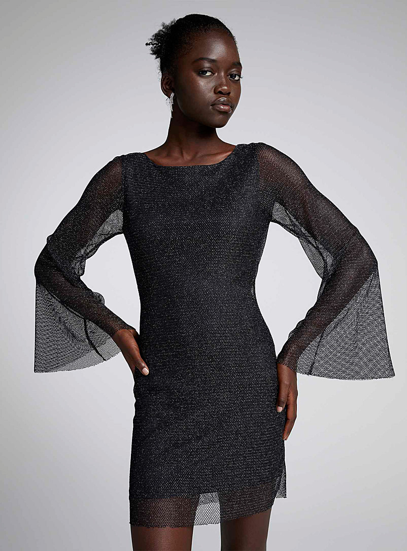 Twik Black Draped-back shimmering mesh dress for women