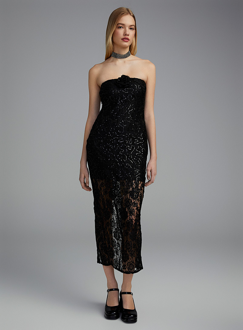 Twik Black Sequined floral lace tube dress for women