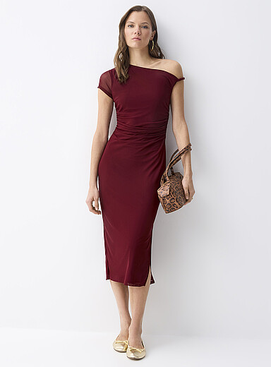Twik: La robe midi col asym&eacute;trique une manche Bourgogne pour femme
