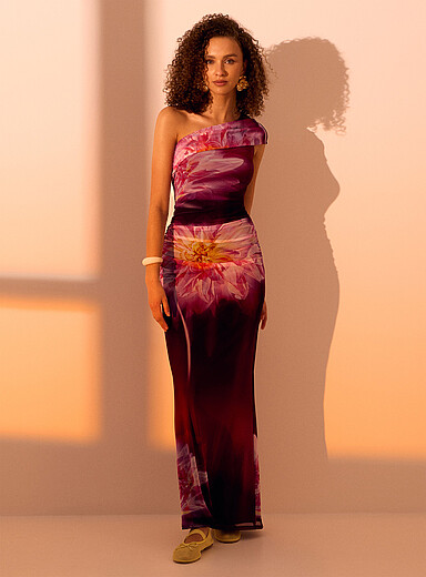 Twik Patterned Crimson Purple flower off-the-shoulder maxi dress for women