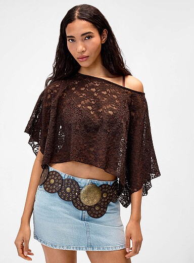 Twik: Le poncho court pure dentelle Brun pour femme