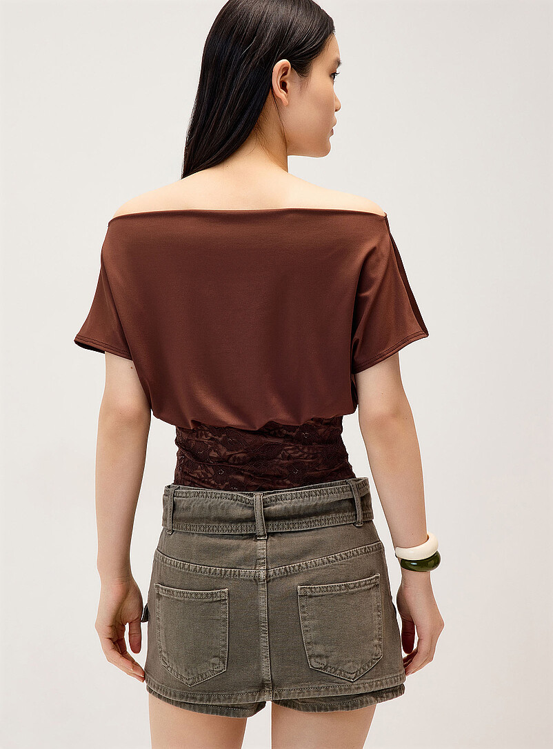 Twik Black Asymmetric-neck lace-trim T-shirt for women
