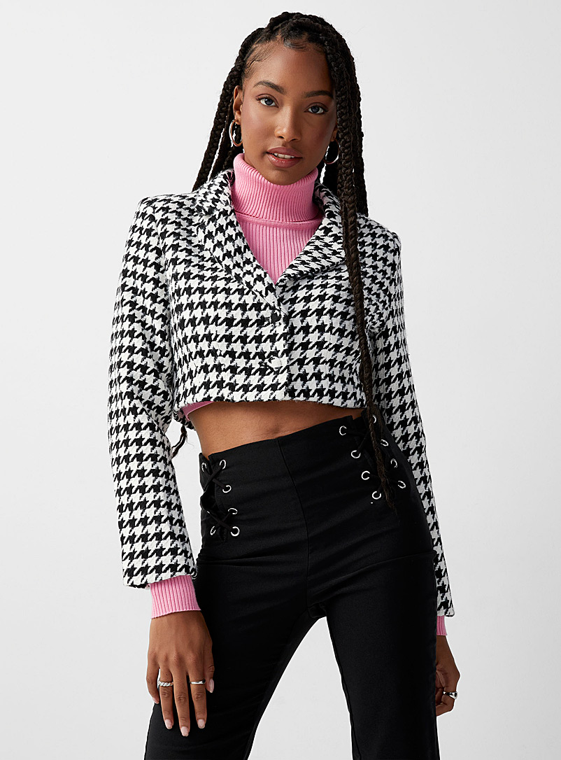Twik Black and White Houndstooth tweed cropped blazer for women