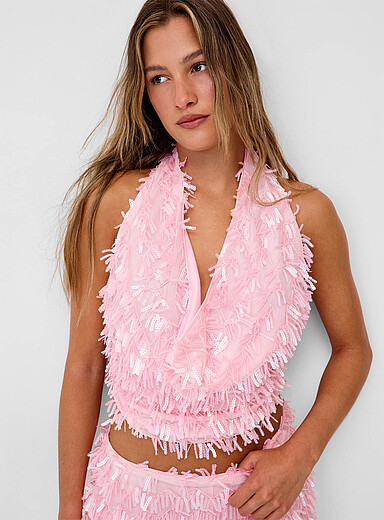 Twik Pink Pink sequins halter-neck fringed cami for women