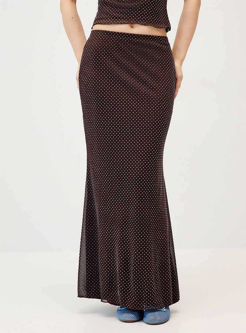 Twik Patterned Brown Flocked polka-dot mesh maxi skirt for women