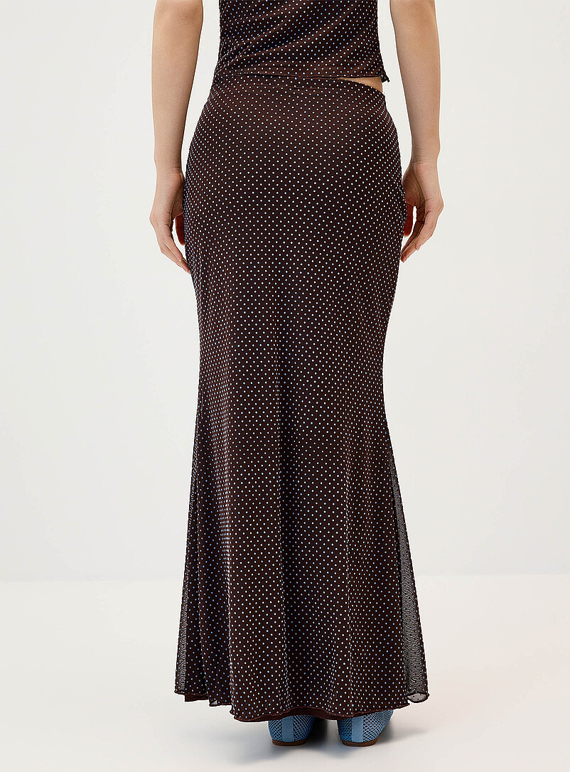 Twik Patterned Brown Flocked polka-dot mesh maxi skirt for women