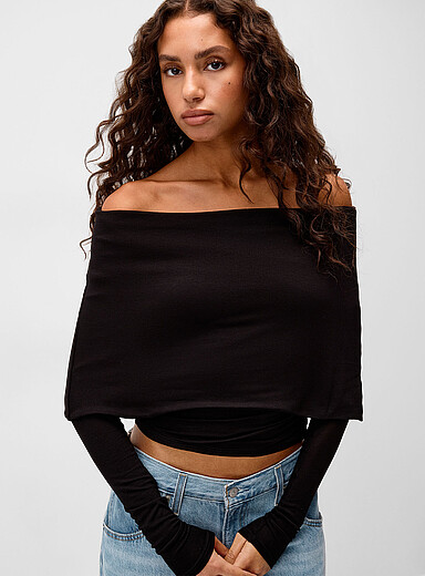 Twik Black Bardot mega-collar fitted T-shirt for women