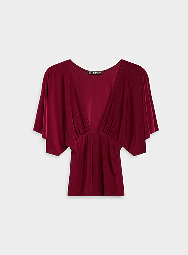 Twik Burgundy Batwing-sleeve plunging V-neck T-shirt for women