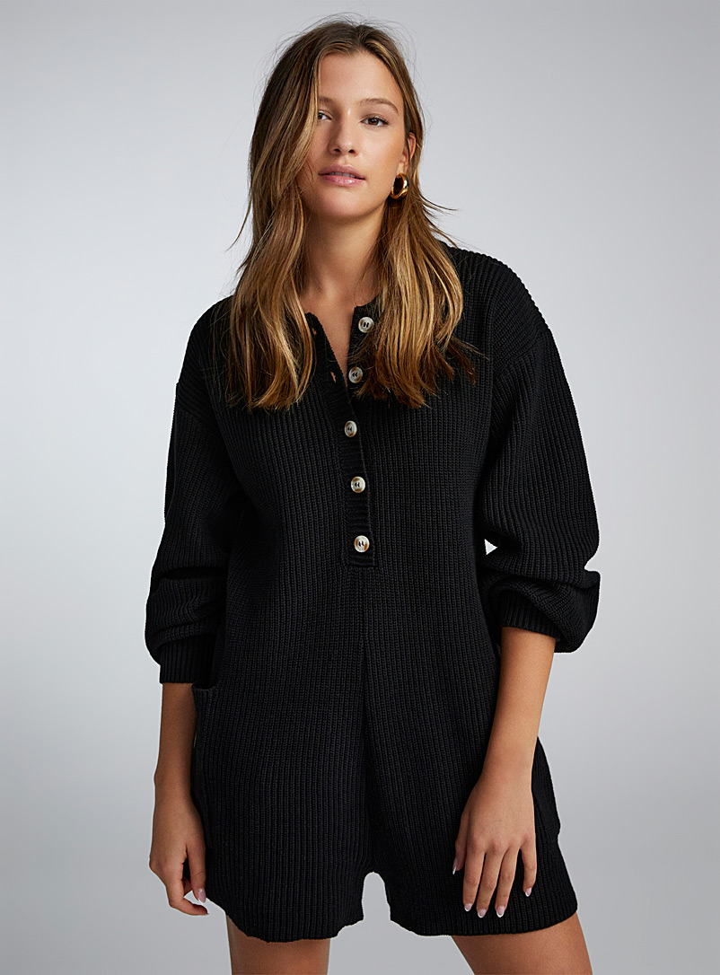 Twik Black Buttoned ribbed romper for women