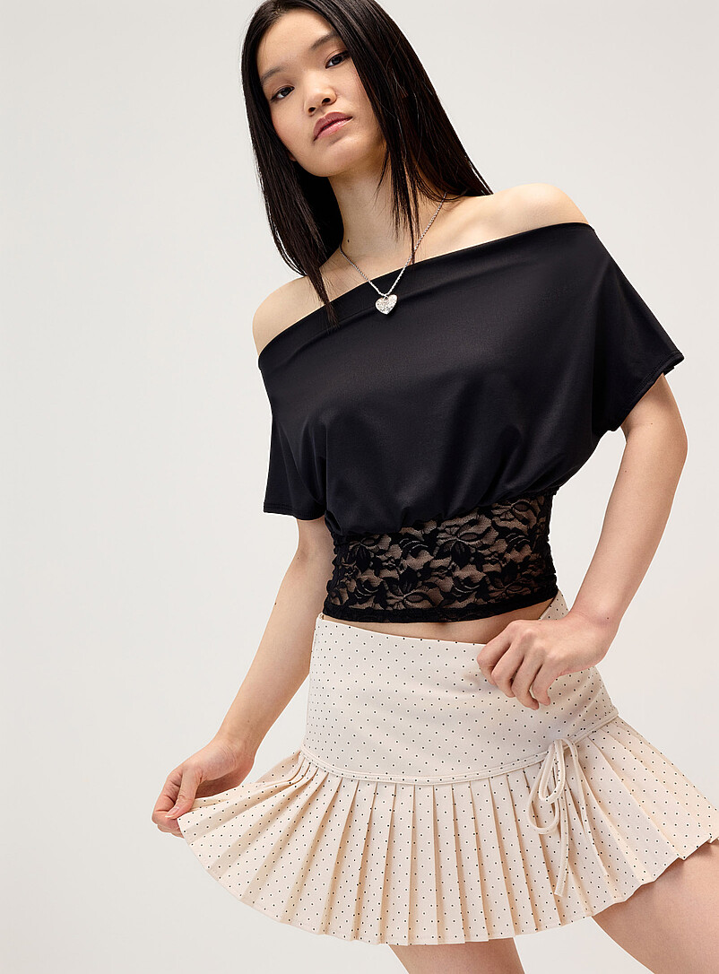 Asymmetric-neck lace-trim T-shirt product image (primary)