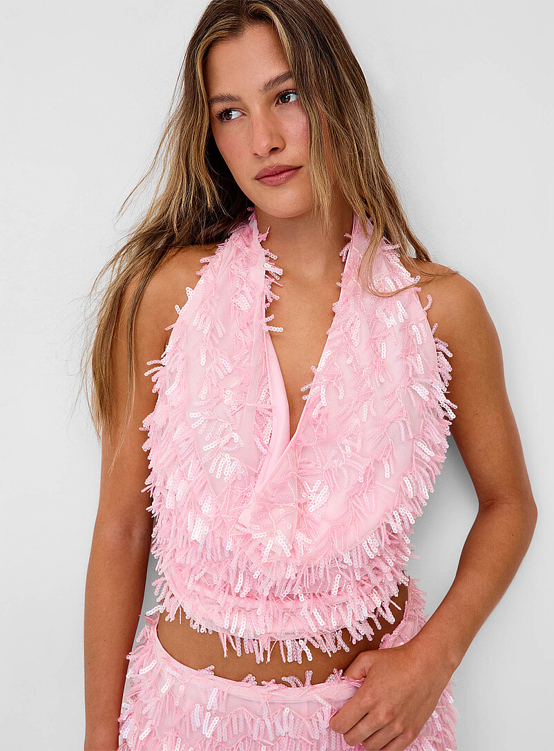 Pink sequins halter-neck fringed cami product image (primary)