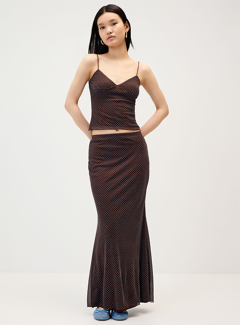 Flocked Polka-Dot Mesh Maxi Skirt