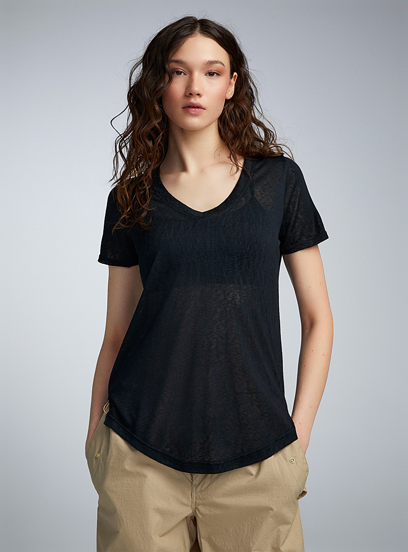 Twik Black Sheer heathered V-neck T-shirt for women