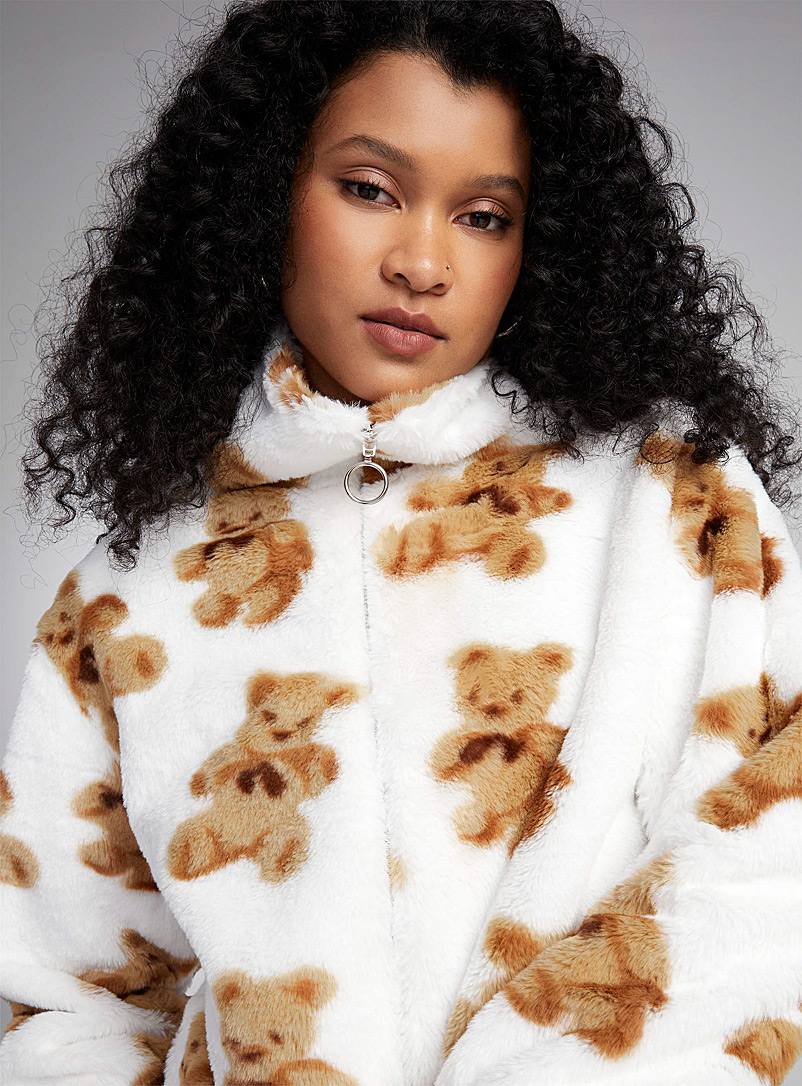 Twik Patterned White Small bears plush jacket for women