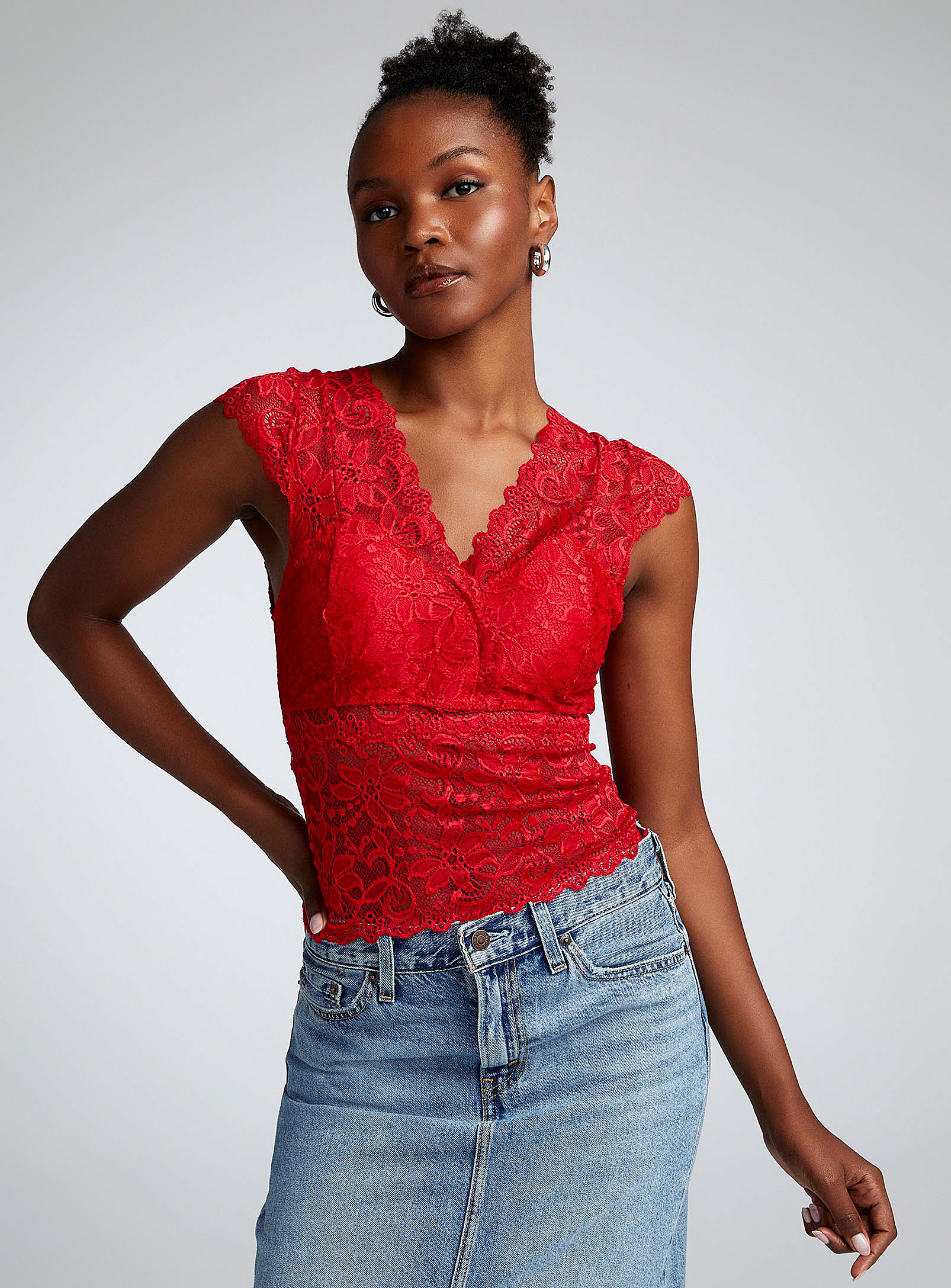 Twik Floral Lace Bustier In Red