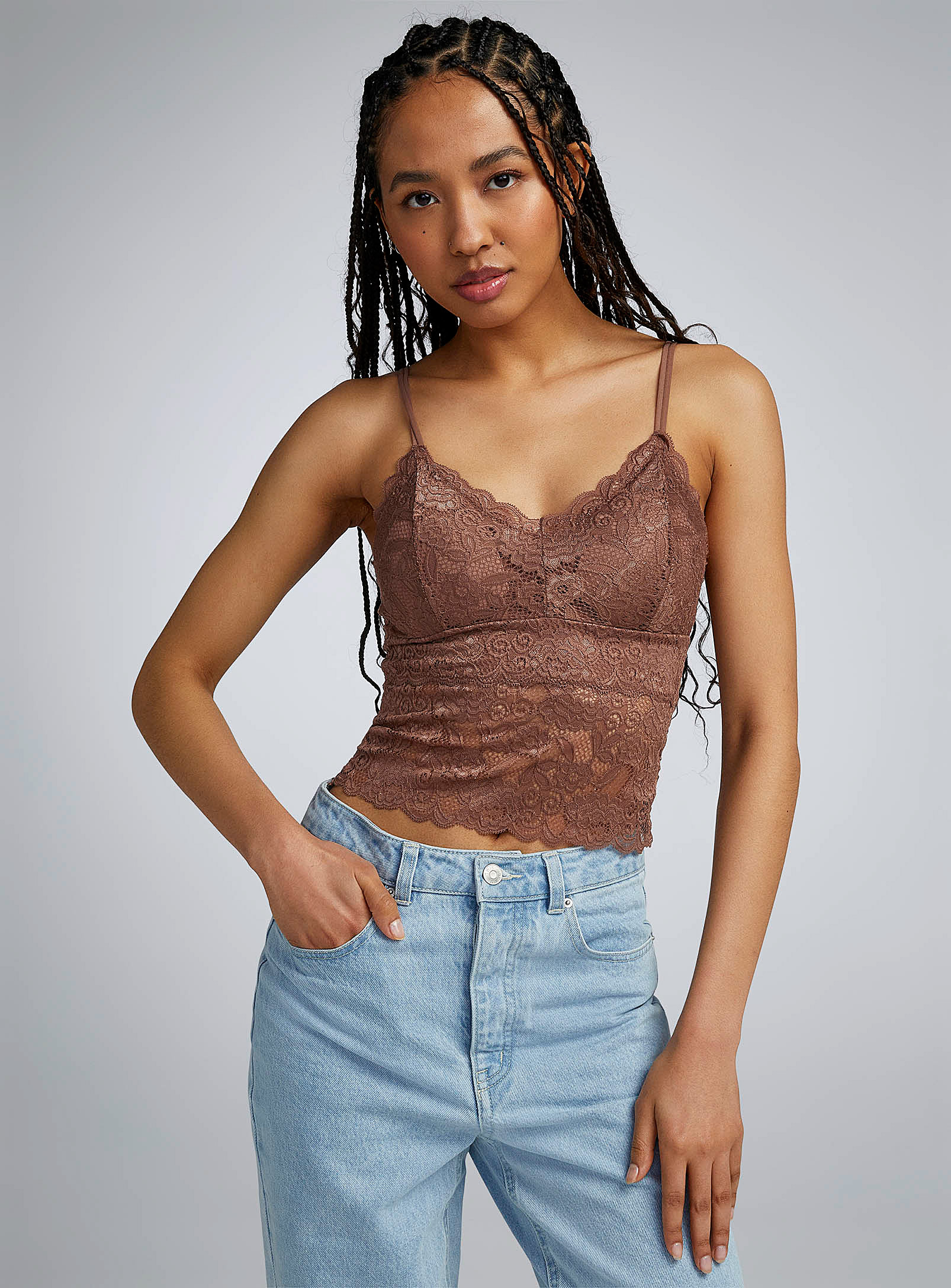 Twik Floral Lace Cami In Brown