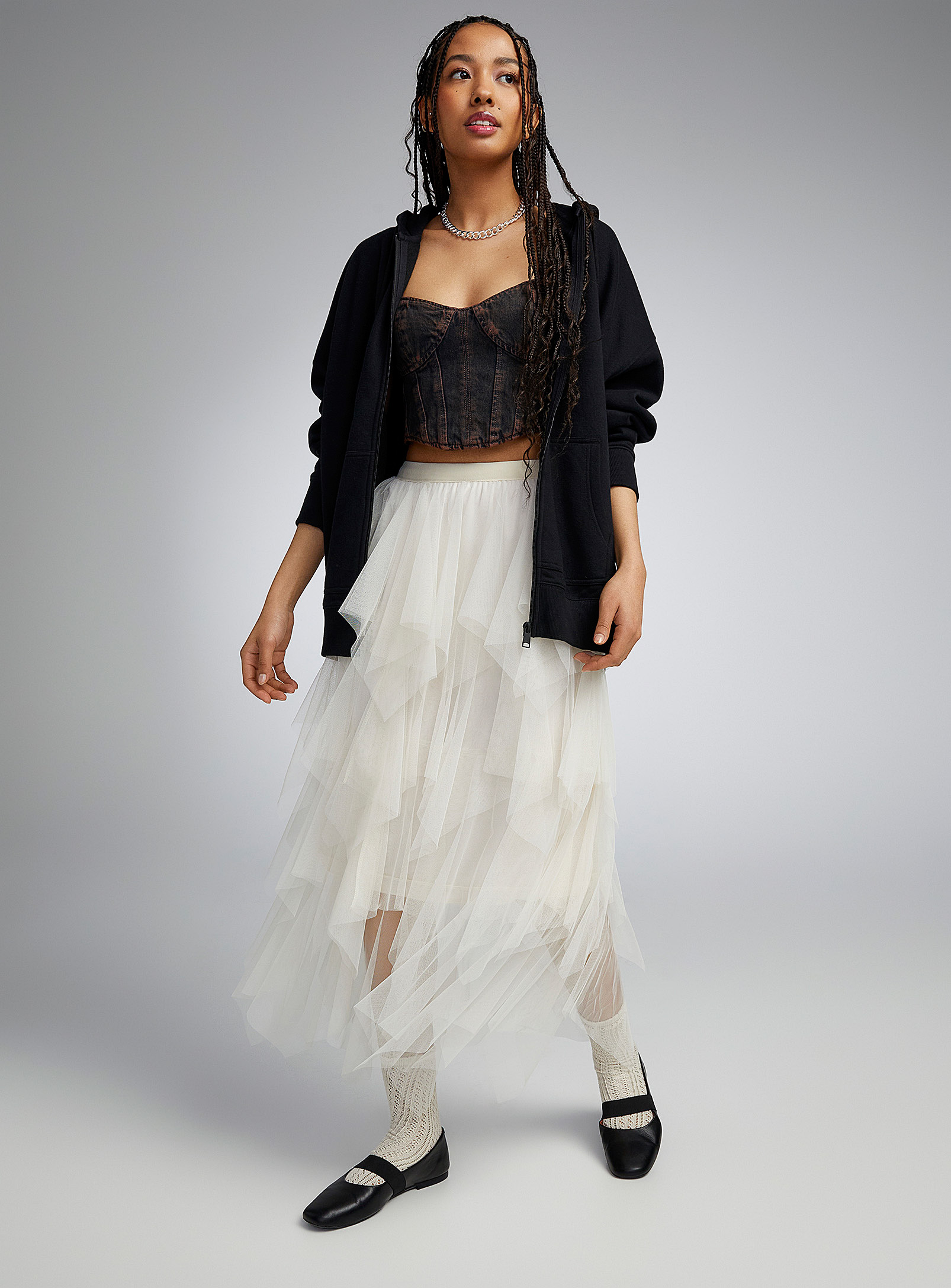 Twik Tiers Of Tulle Midi Skirt In Ivory White