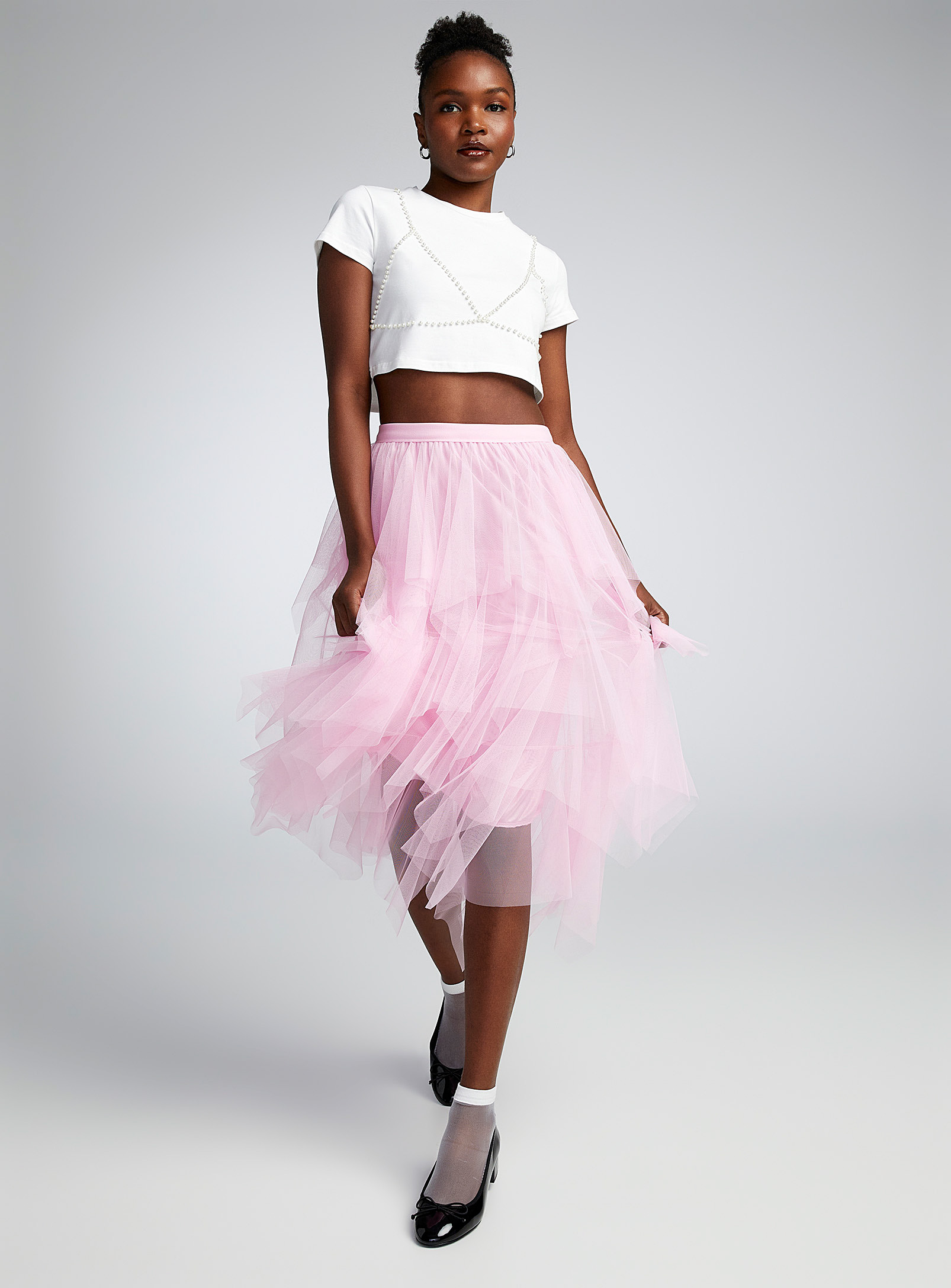 Twik Tiers Of Tulle Midi Skirt In Pink