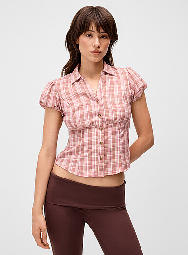 Twik Pink Fitted plaid Johnny collar shirt for women