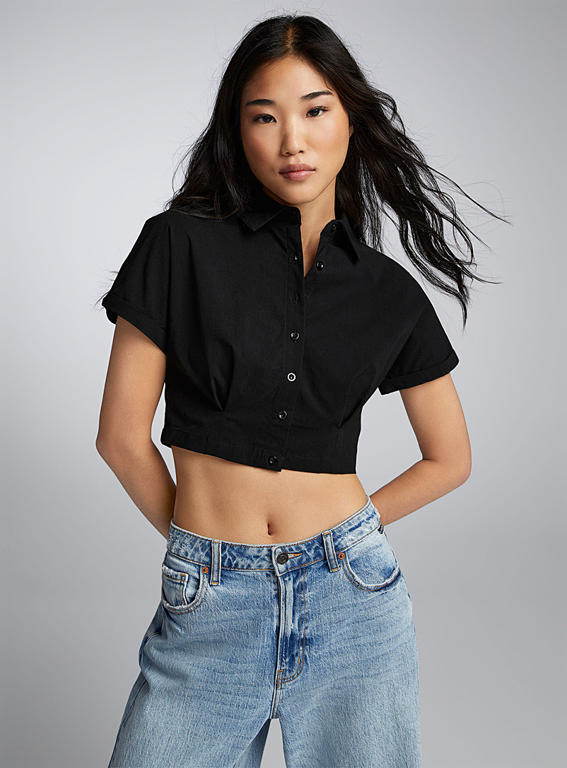 Twik Black Pleated bustier-style cropped shirt for women