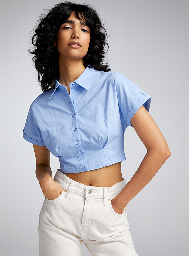 Twik Baby Blue Pleated bustier-style cropped shirt for women