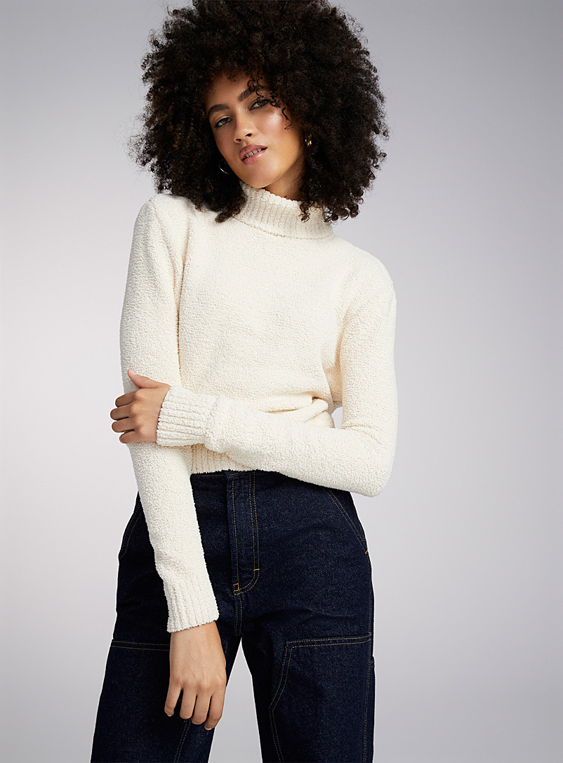 Twik Ivory White Plush turtleneck sweater for women