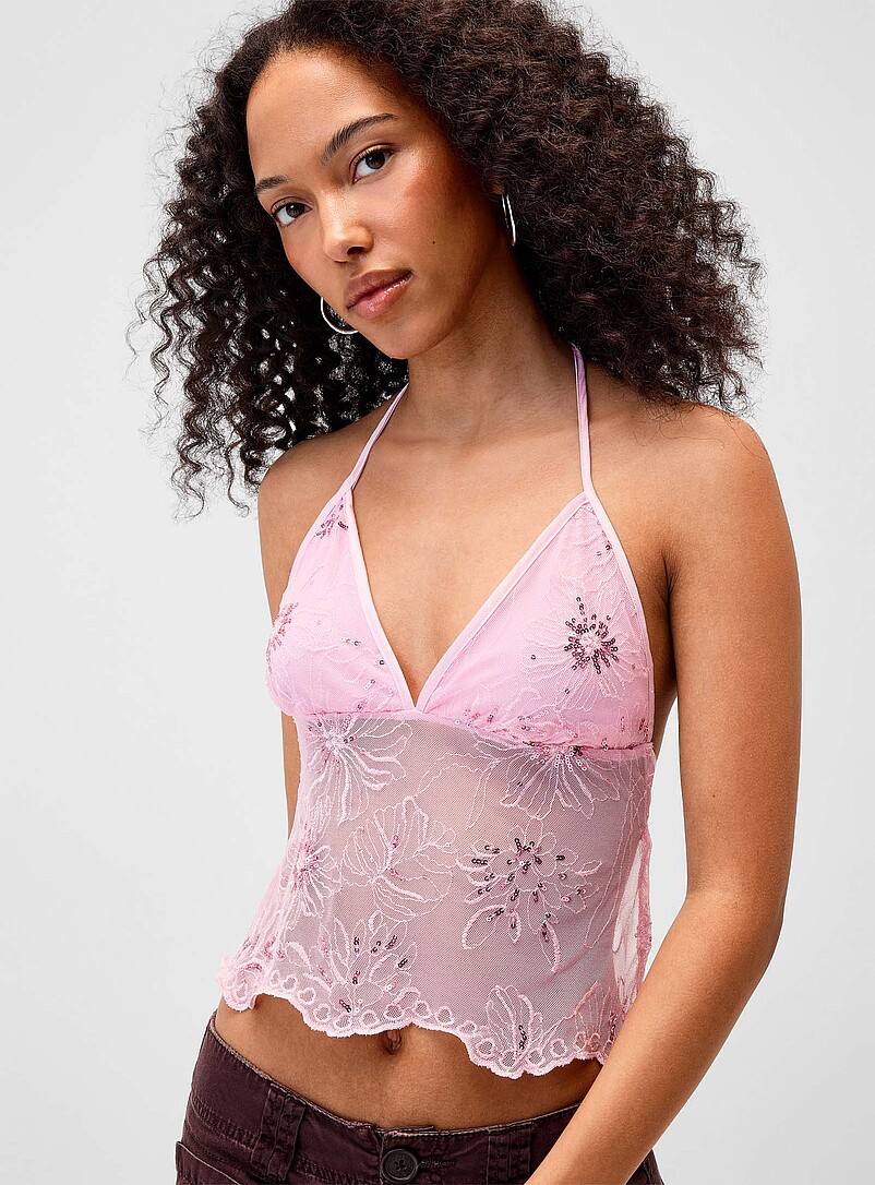 Twik Black Sequined floral embroidery mini cami for women