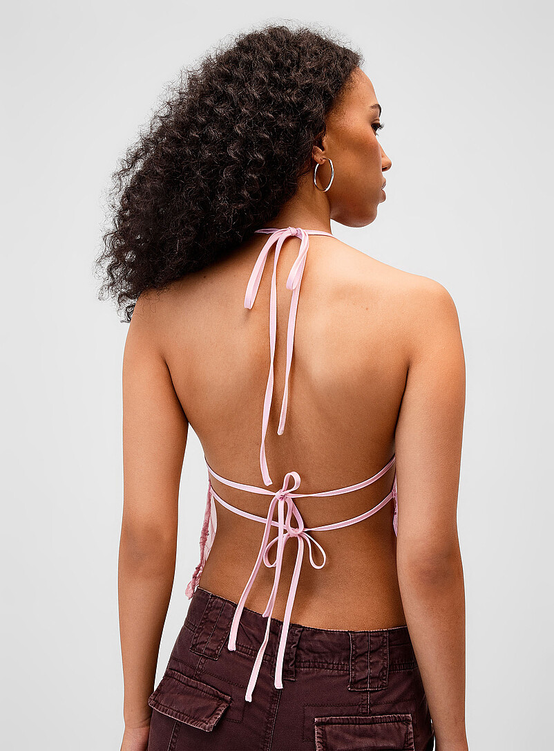 Twik: La camisole mini broderies fleurs strass Rose pour femme