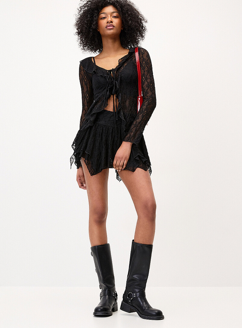 Twik Brown Ruffled lace tie-front cardigan for women