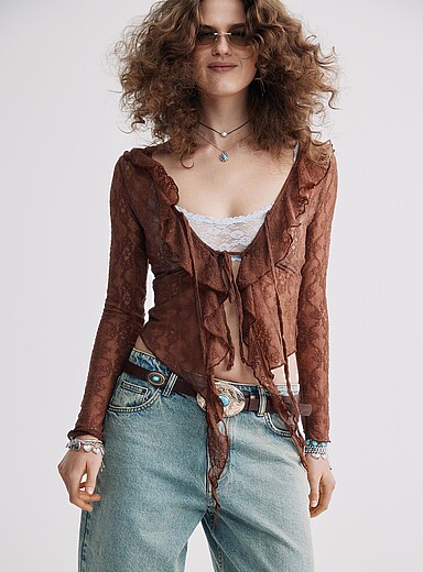Ruffled lace tie-front cardigan
