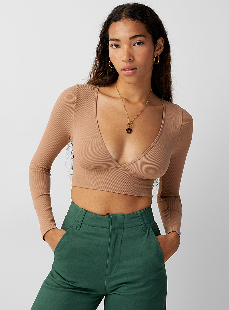 Twik Brown Plunging neckline cropped T-shirt for women