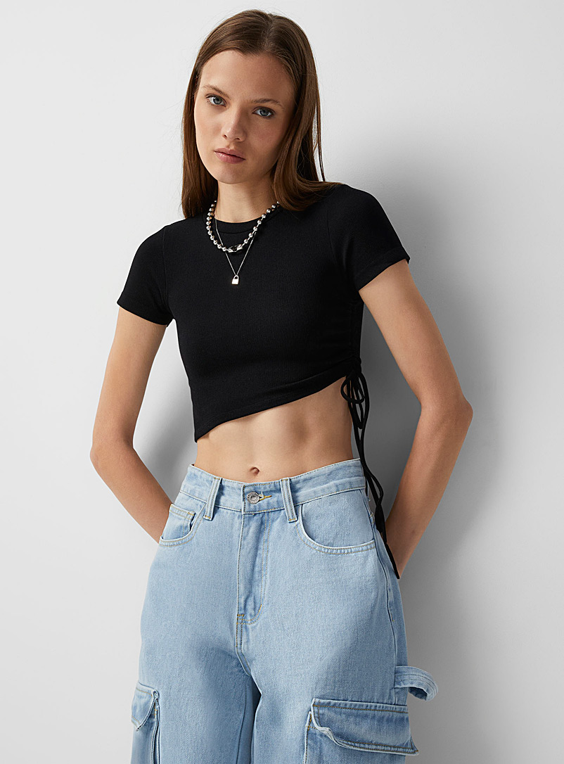 Twik Black Adjustable drawstring asymmetrical T-shirt for women