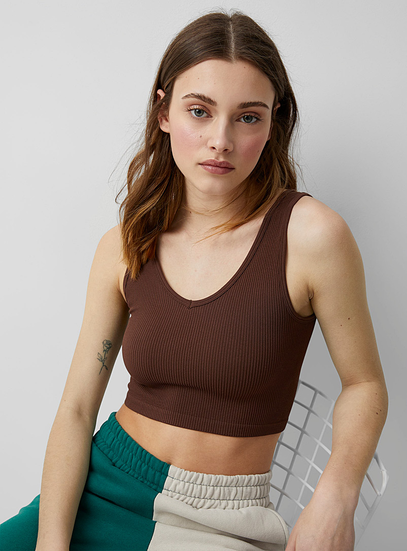 Twik Brown Ultra-cropped ribbed cami for women
