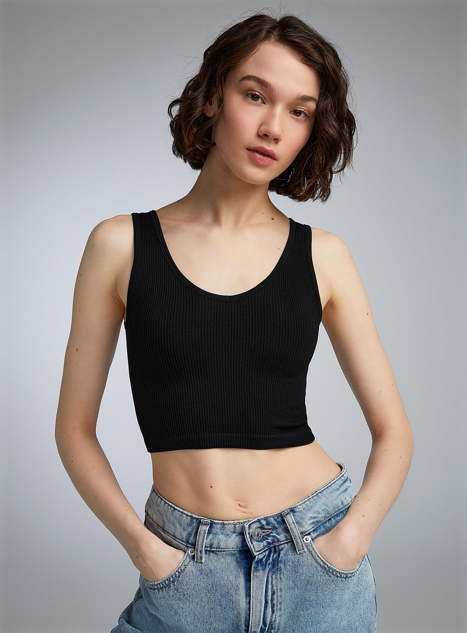Twik Ultra-cropped Ribbed Cami In Black