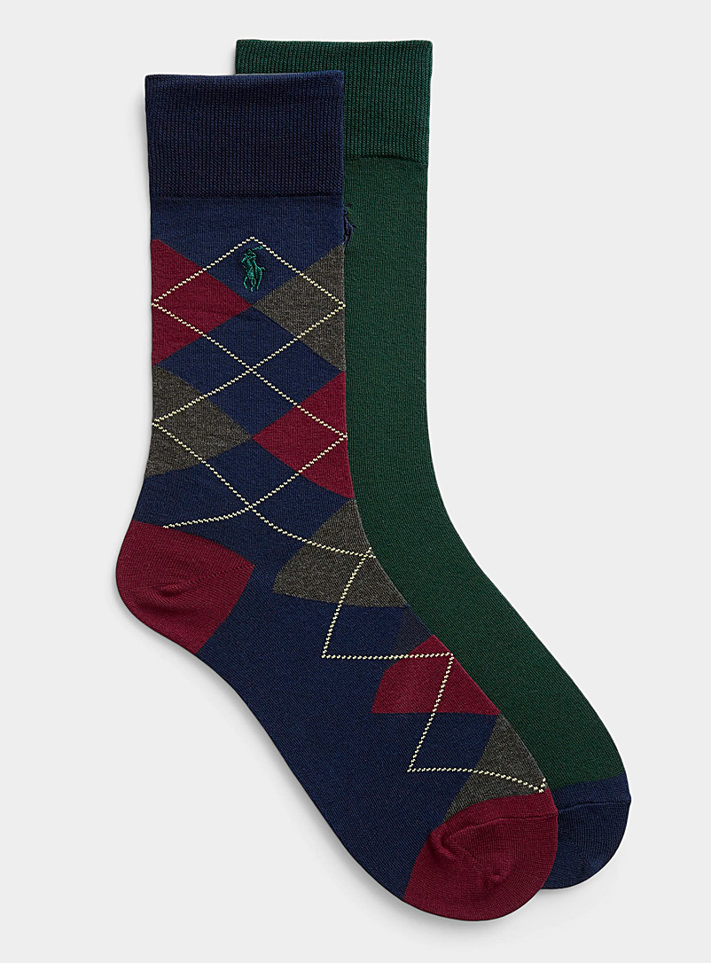 Polo Ralph Lauren: Les chaussettes losanges et unie Emballage de 2 Bleu à motifs pour homme