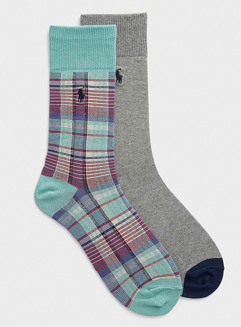 Polo Ralph Lauren: Les chaussettes carreaux et unies Emballage de 2 Vert à motifs pour homme