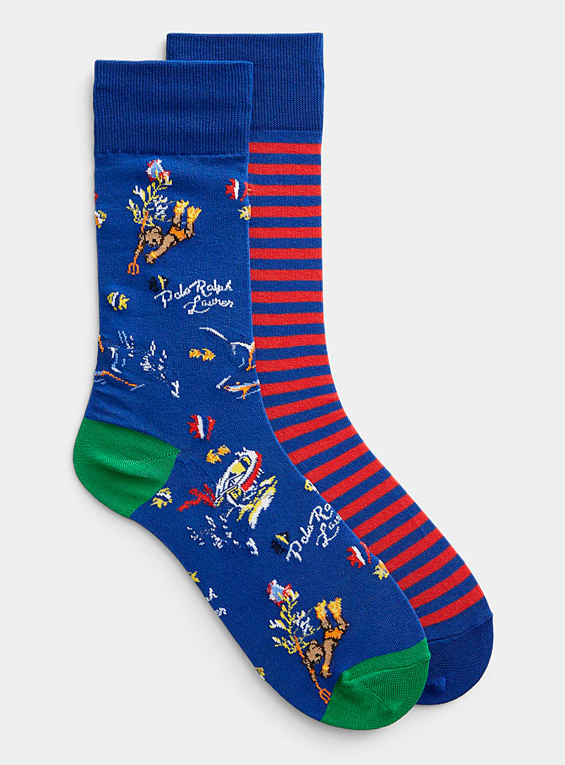 Polo Ralph Lauren: Les chaussettes ours aquatique et rayures Emballage de 2 Bleu à motifs pour homme
