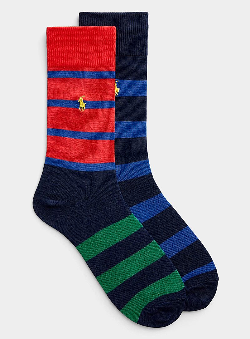 Polo Ralph Lauren: Les chaussettes rayures collège colorées Emballage de 2 Bleu à motifs pour homme