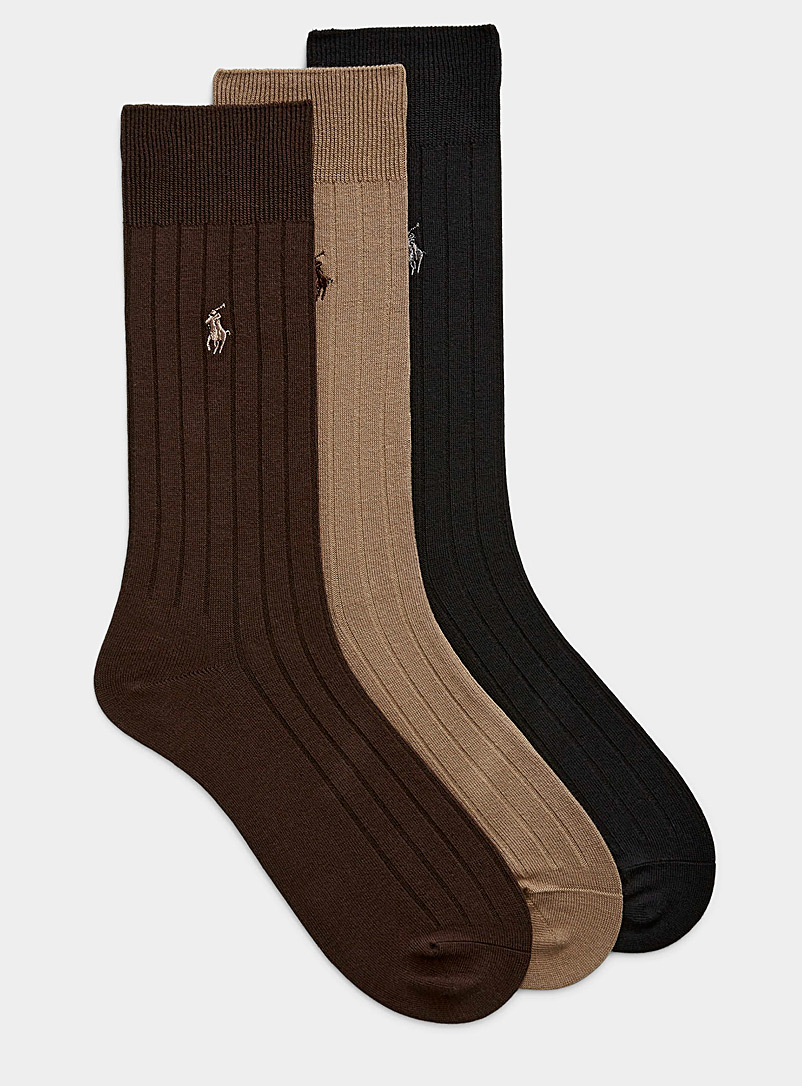 Polo Ralph Lauren: Les chaussettes habillées côtelées neutres Emballage de 3 Brun à motifs pour homme