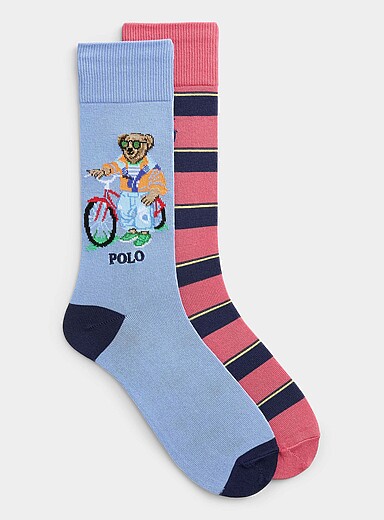 Stripe/cycling bear dress socks 2-pack