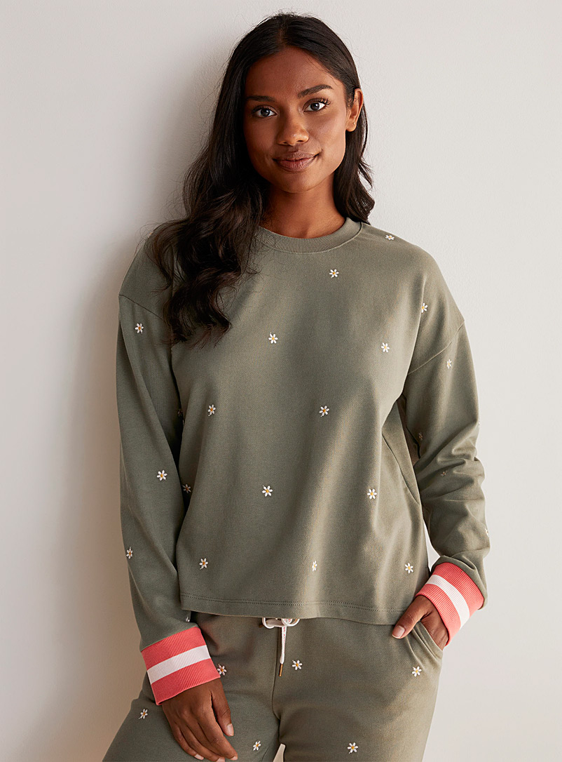 P.J. Salvage Mossy Green Embroidered daisy athletic sweatshirt for women