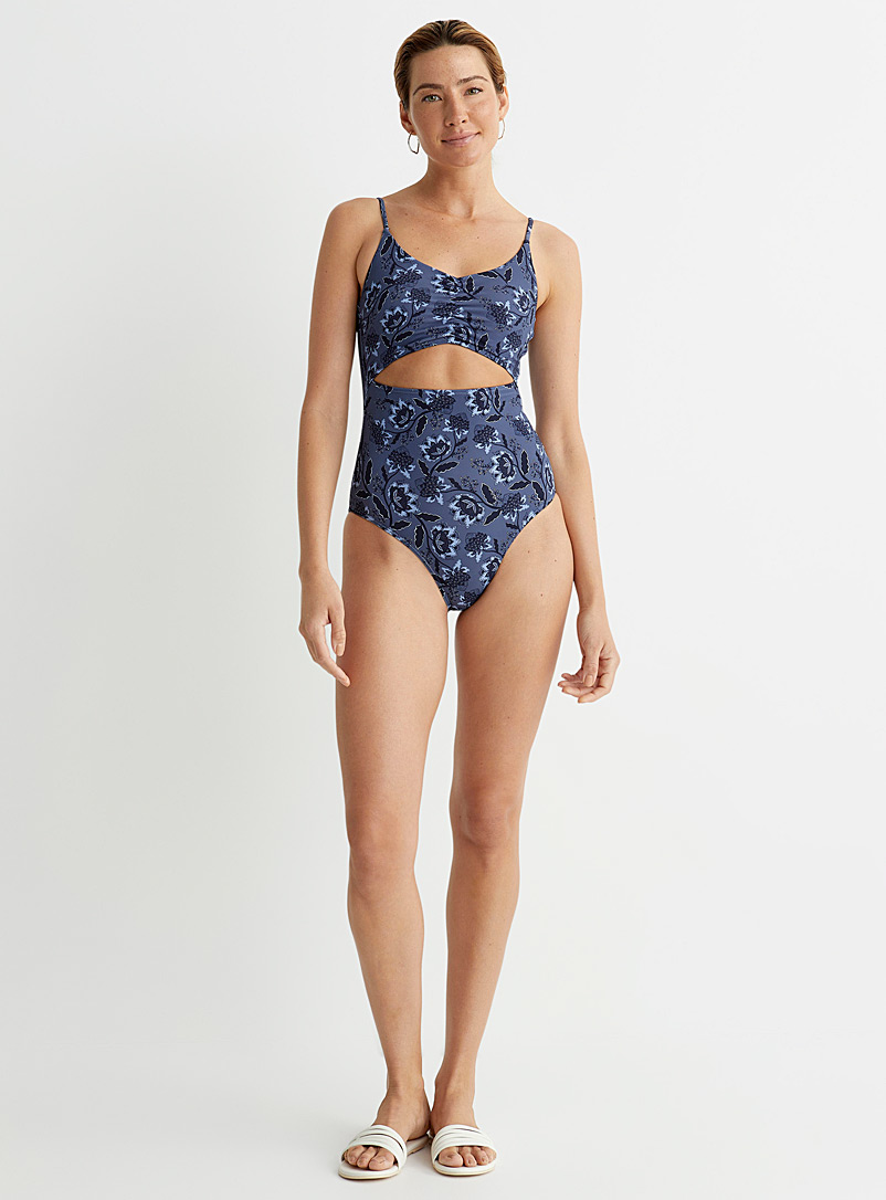 Simons Patterned Blue Gathered bandeau top openwork one-piece for women