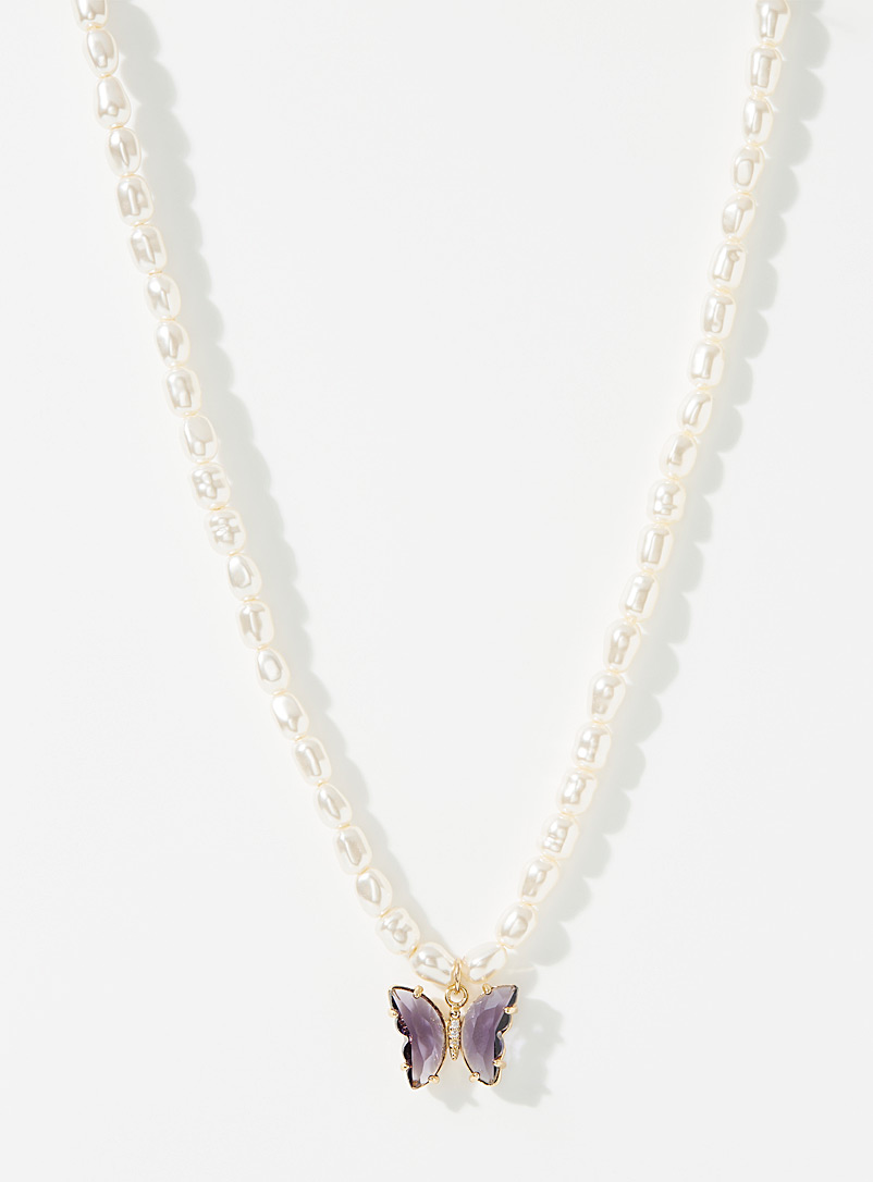 Simons: Le collier de perles papillon violet Blanc pour femme