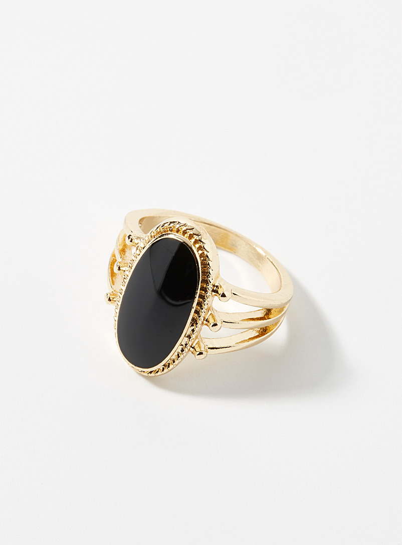 Simons Black Oval stone openwork ring for women