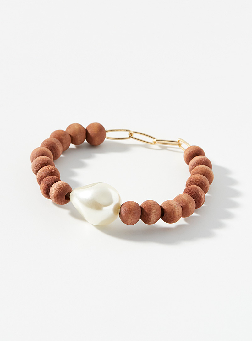 Simons Brown Baroque pearl wooden-bead bracelet for women