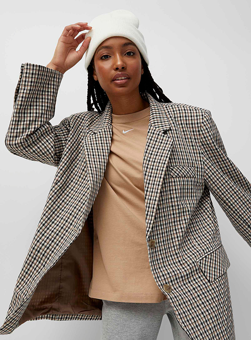 Twik Patterned Brown Checkered loose-fit blazer for women