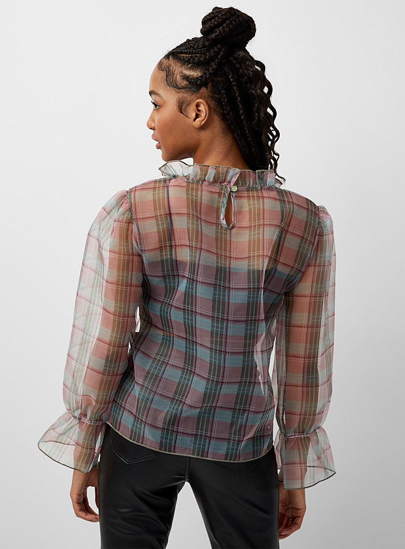 Twik Patterned Blue Organza checkered loose blouse for women