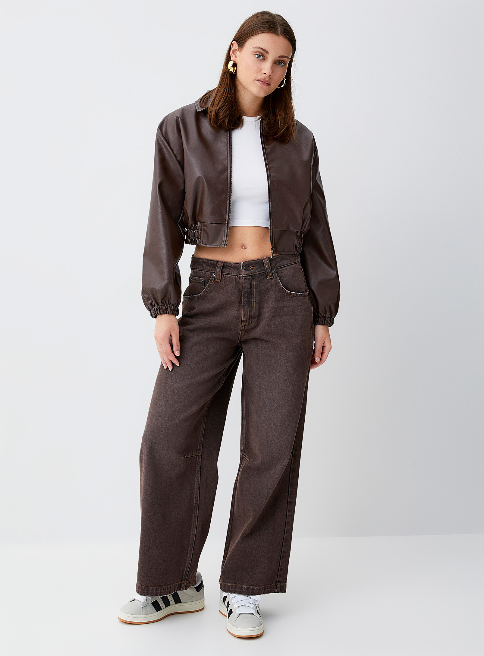 Twik Glossy Faux-leather Cropped Jacket In Brown