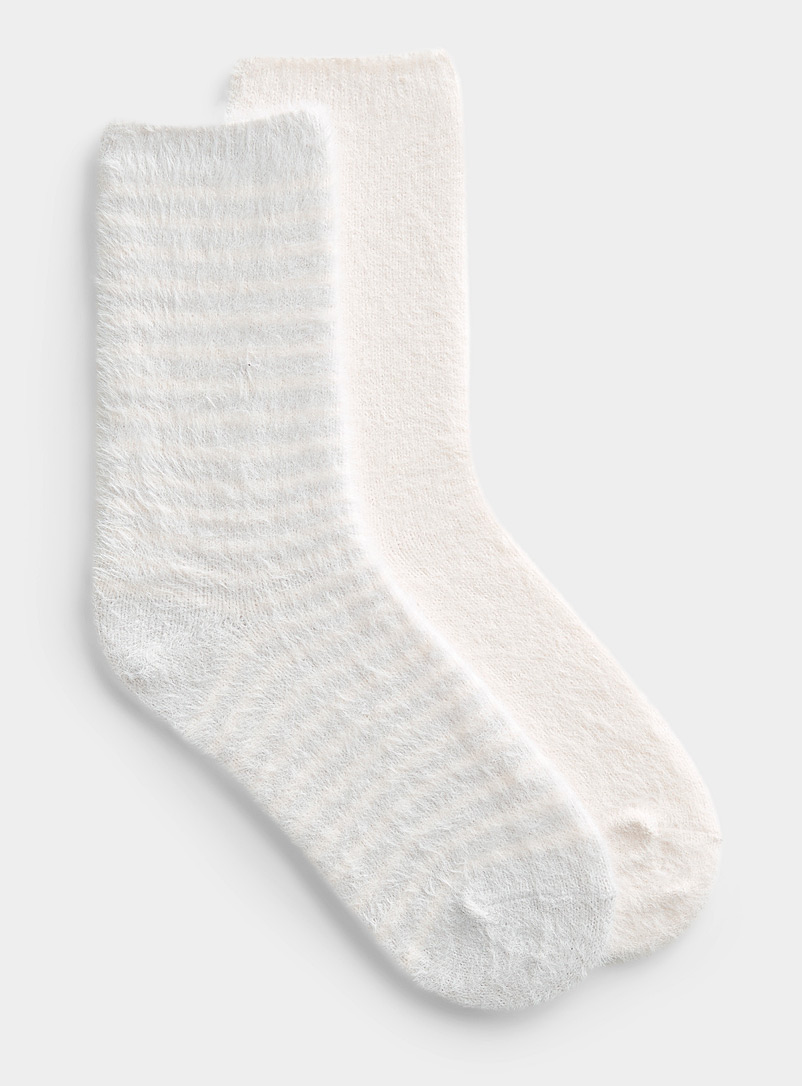 Lemon Ivory White Striped chenille knit socks Set of 2 for women